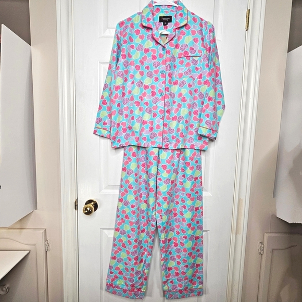 NWT Girls Heart Print Pajama Set Multi-Color Teal Pink Lightweight Size 12